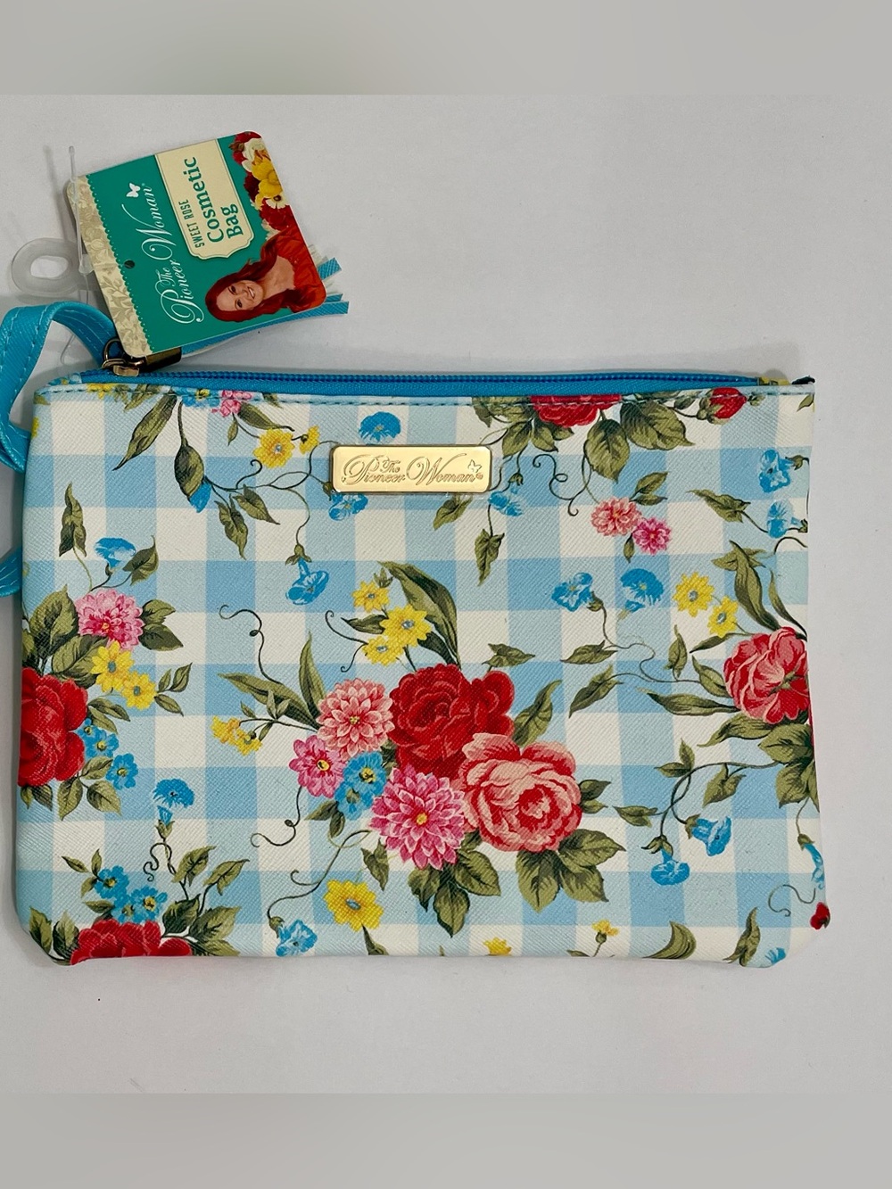 Pioneer Woman Blue Gingham Floral Cosmetic Pouch with Wrist Strap